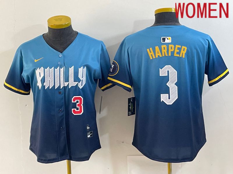 Women Philadelphia Philies 3 Bryce Harper Nike Blue 2024 City Connect Limited Player Jersey style 5